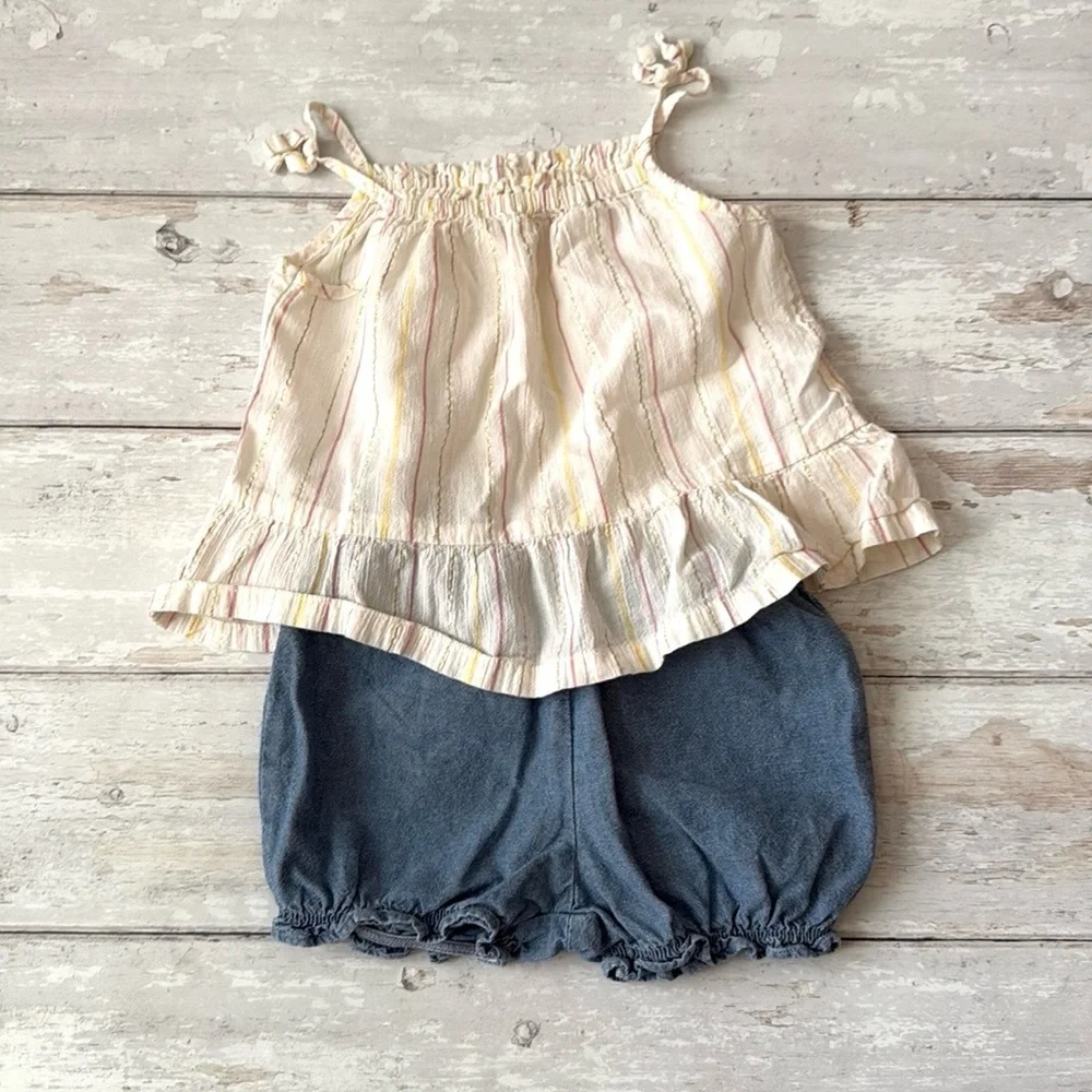 Oshkosh 12m Baby Girl Shmmer Outfit Tabk Top Denim Blue Shorts Kids Set